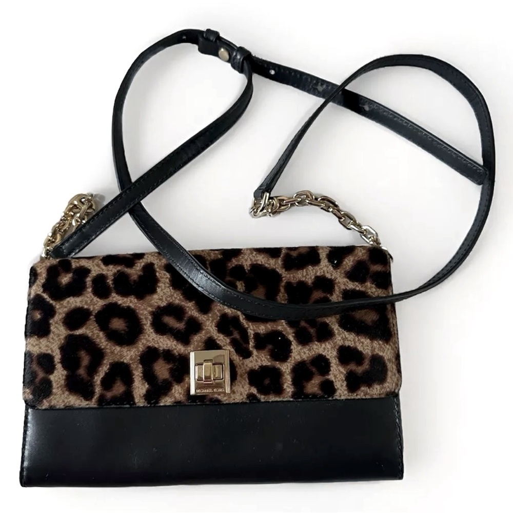 Michael Kors Natalie Cheetah Calfskin Wallet On A Chain Crossbody Bag EUC